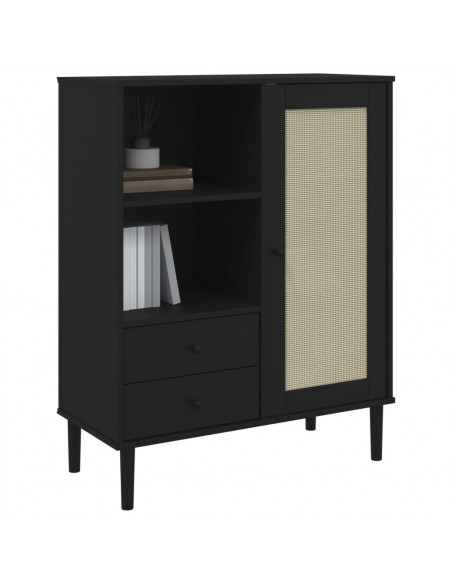 Credenza SENJA Aspetto Rattan Nero 90x40x112 cm Massello Pino