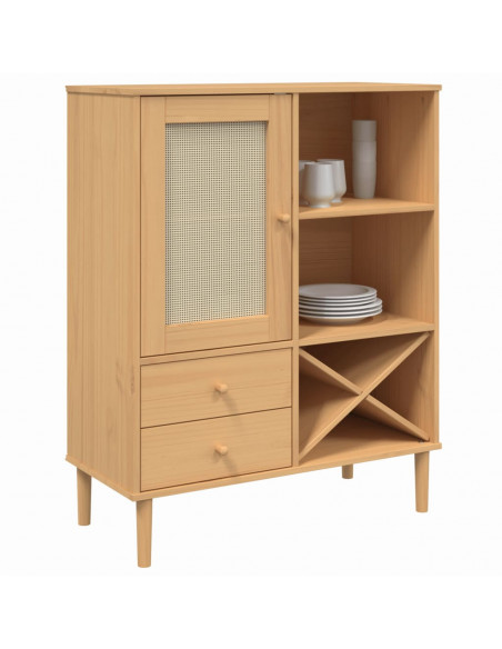 Credenza SENJA Aspetto Rattan Marrone 90x40x112cm Massello Pino
