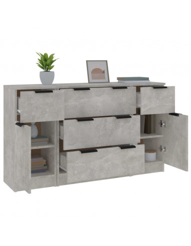 Set di Credenze 3 pz Grigio Cemento in Legno Multistrato