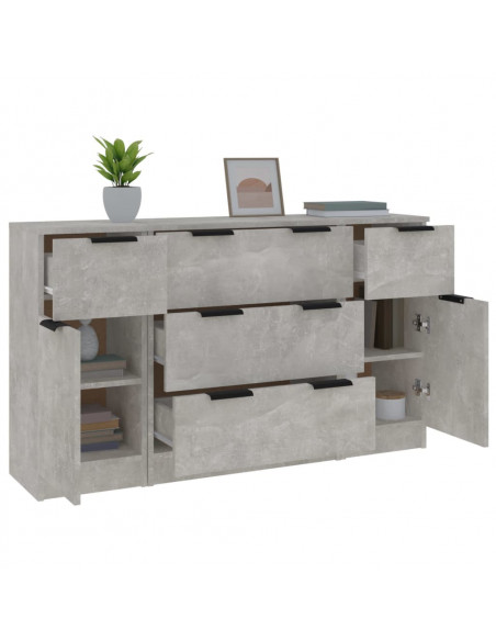 Set di Credenze 3 pz Grigio Cemento in Legno Multistrato