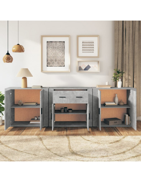 Credenze 3 pz Grigio Cemento in Legno Multistrato