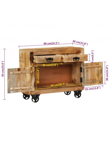 Credenza 80x30x65 cm in Legno Grezzo Massello di Mango