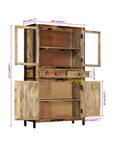 Credenza 100x40x175 cm in Legno Grezzo Massello di Mango