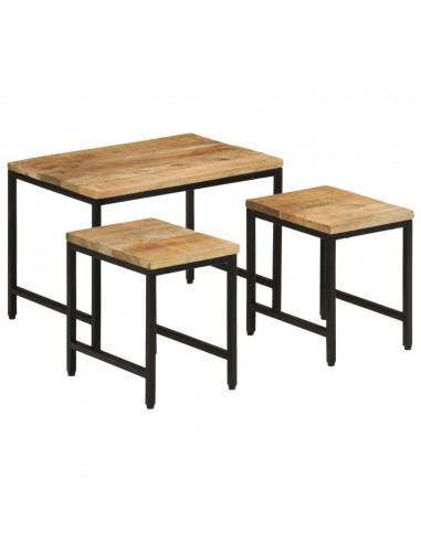 Tavolini a Incastro 3 pz Legno Massello di Mango Grezzo e Ferro