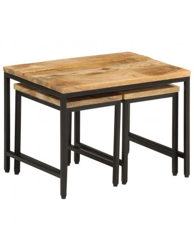 Tavolini a Incastro 3 pz Legno Massello di Mango Grezzo e Ferro