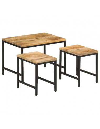 Tavolini a Incastro 3 pz Legno Massello di Mango Grezzo e Ferro
