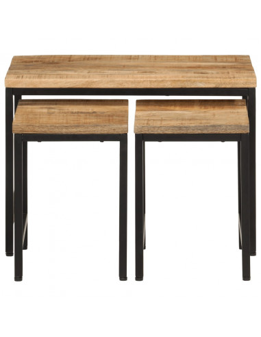 Tavolini a Incastro 3 pz Legno Massello di Mango Grezzo e Ferro