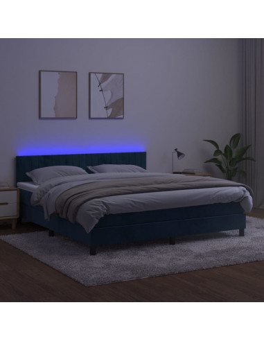 Letto a Molle con Materasso e LED Blu Scuro 160x200 cm