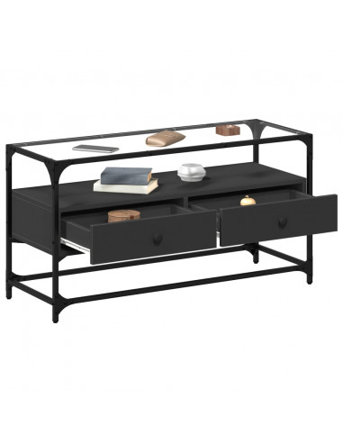 Mobile TV con Piano in Vetro Nero 98x35x51 cm Legno Multistrato