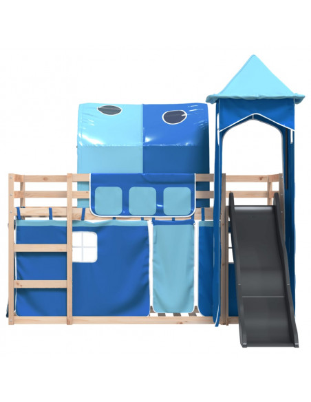 Letto a Castello con Scivolo e Tende Blu 90x190 cm