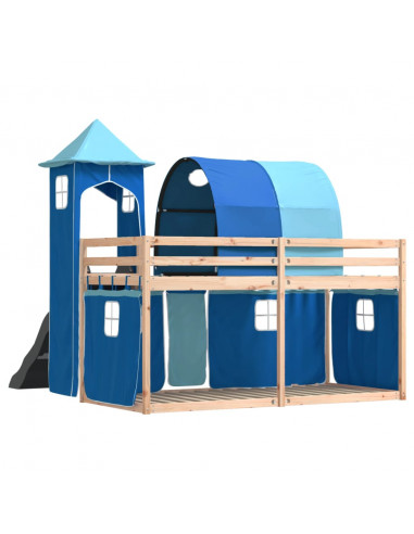 Letto a Castello con Scivolo e Tende Blu 90x190 cm