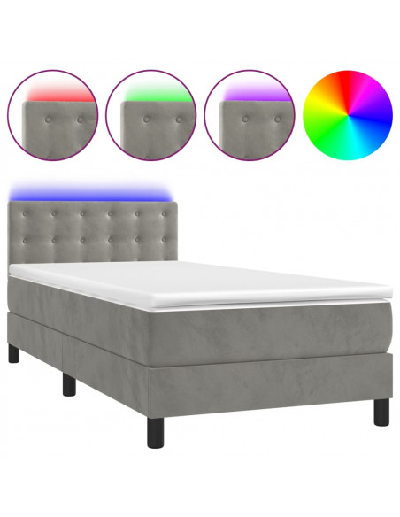 Letto a Molle Materasso e LED Grigio Chiaro 90x200 cm Velluto