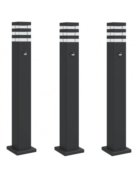 Lampade Terra per Esterni con Sensori 3pz Nere 80cm Alluminio