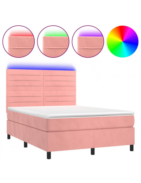 Letto a Molle con Materasso e LED Rosa 140x190 cm in Velluto