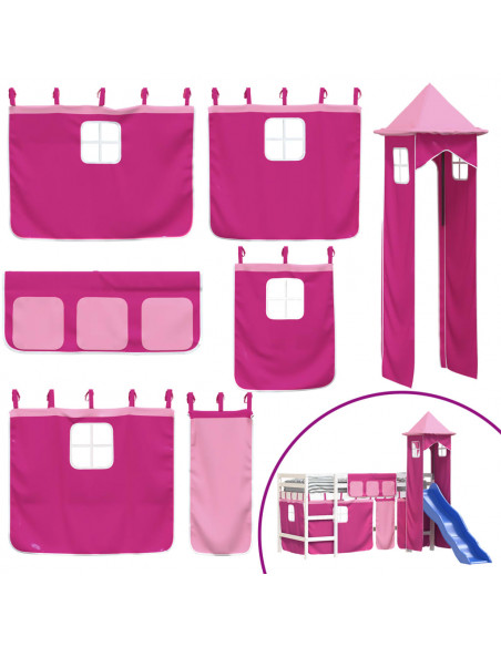 Letto a Soppalco con Torre Bambini Rosa 90x200cm Massello Pino