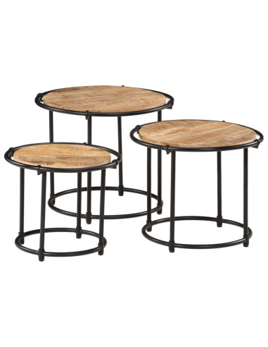 Tavolini a Incastro 3 pz in Legno Massello Grezzo di Mango