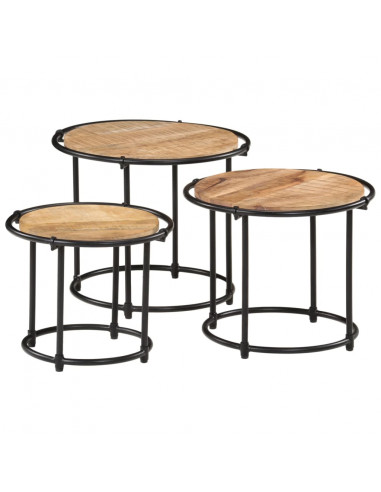 Tavolini a Incastro 3 pz in Legno Massello Grezzo di Mango