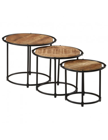 Tavolini a Incastro 3 pz in Legno Massello Grezzo di Mango