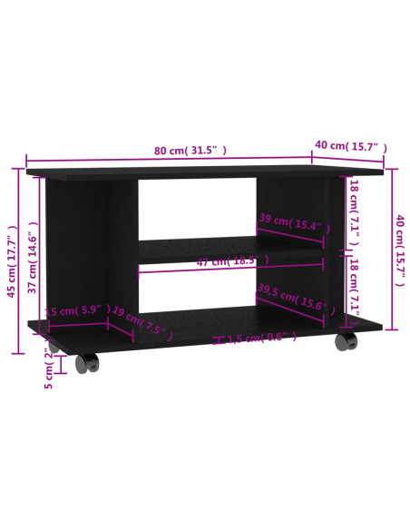 Mobile TV con Ruote Nero 80x40x45 cm in Legno Multistrato