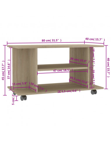 Mobile TV con Ruote Rovere Sonoma 80x40x45 cm Legno Multistrato