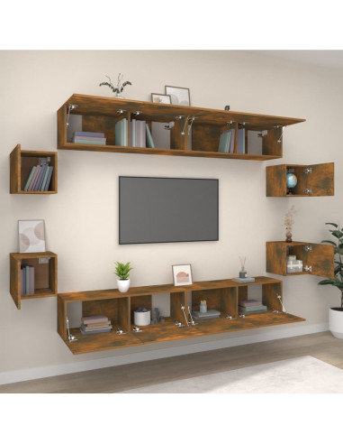 Set Mobili Porta TV 8pz Rovere Fumo in Legno Multistrato
