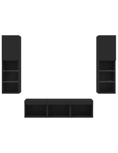 Mobili TV a Muro con LED 5pz Neri in Legno Multistrato