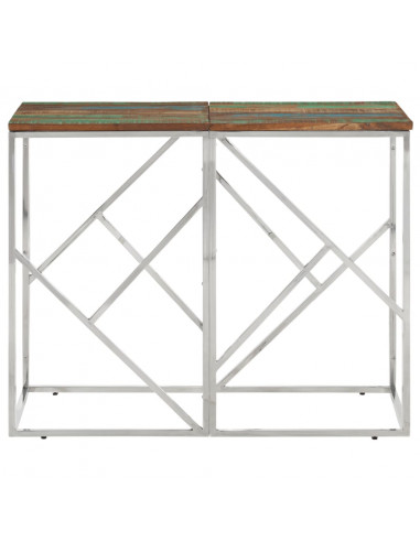 Tavolino Salotto Argento in Acciaio Inox e Legno di Recupero