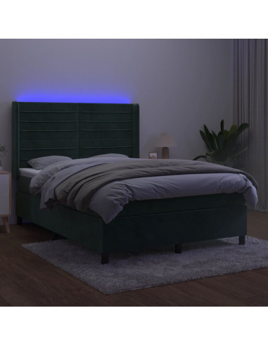 Letto a Molle con Materasso e LED Verde Scuro 140x200cm Velluto