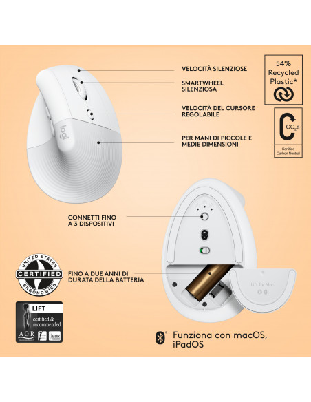 Logitech Lift for Mac mouse Ufficio Mano destra RF senza fili + Bluetooth Ottico 4000 DPI