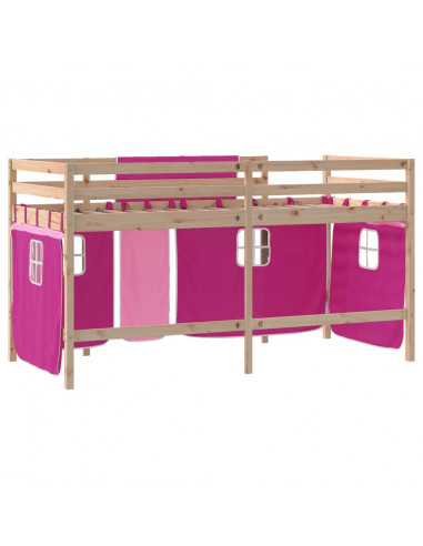 Letto a Soppalco con Tende Bambini Rosa 90x200 cm Massello Pino