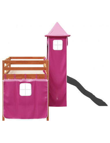 Letto a Soppalco con Torre Bambini Rosa 80x200cm Massello Pino