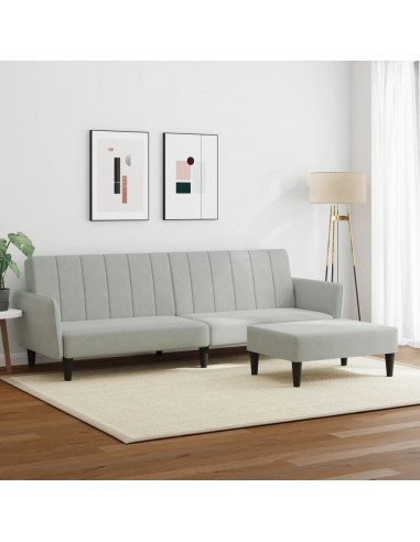 Divano Letto a 2 Posti con Poggiapiedi Grigio Chiaro in Velluto