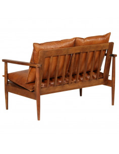 Divano a 2 Posti in Vera Pelle con Legno di Acacia Marrone