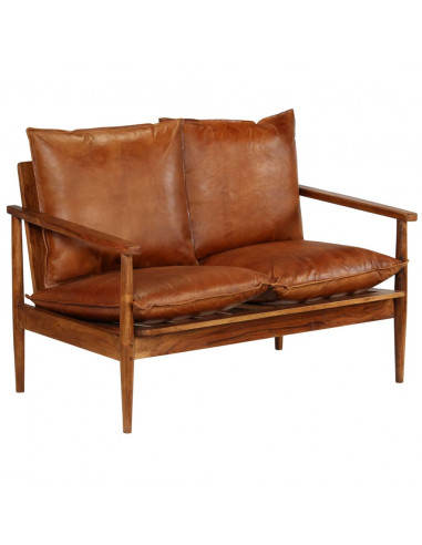 Divano a 2 Posti in Vera Pelle con Legno di Acacia Marrone