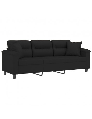 Divano a 3 Posti con Cuscini Nero 180 cm Tessuto Microfibra