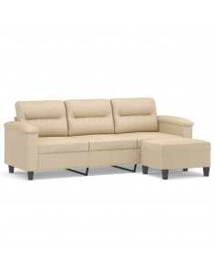 Divano a 3 Posti con Poggiapiedi crema 180cm Tessuto Microfibra