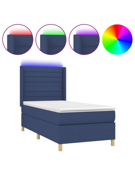 Letto a Molle con Materasso e LED Blu 90x200 cm in Tessuto