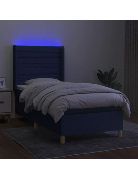 Letto a Molle con Materasso e LED Blu 90x200 cm in Tessuto