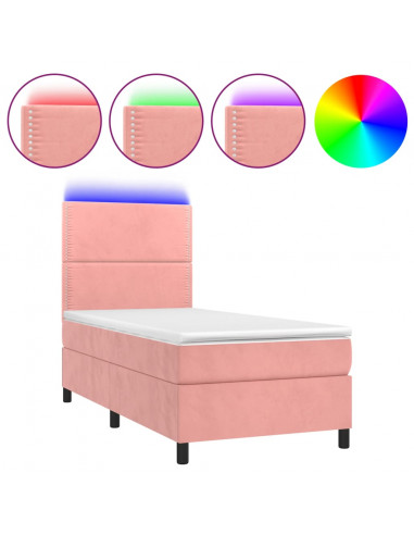 Letto a Molle con Materasso e LED Rosa 90x200 cm in Velluto