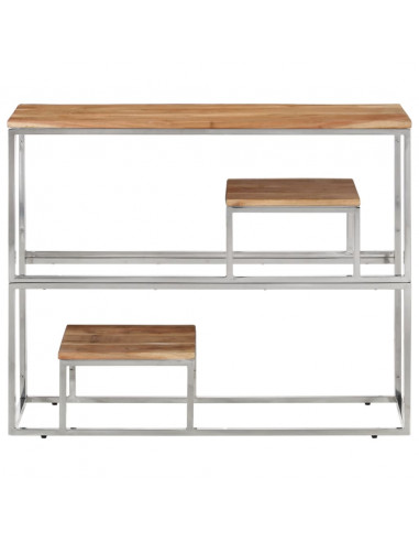 Tavolino da Salotto Argento in Acciaio Inox e Massello d'Acacia