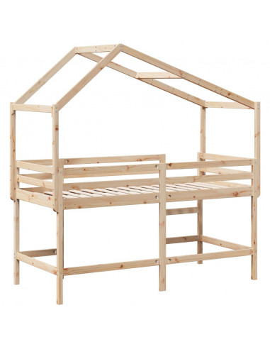 Letto Soppalco con Scala e Tetto 80x200 cm Legno Massello Pino