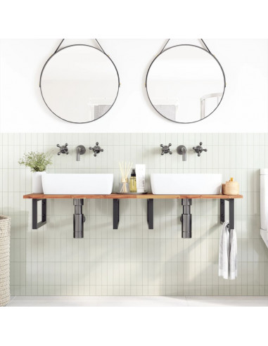 Ripiano a Parete per Lavabo in Acciaio e Massello di Acacia