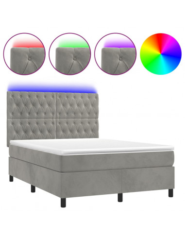 Letto a Molle Materasso e LED Grigio Chiaro 140x190 cm Velluto