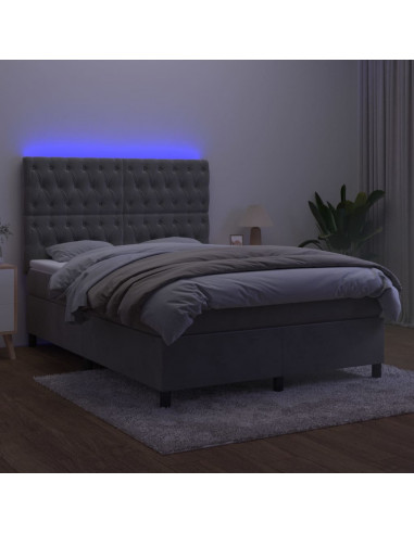 Letto a Molle Materasso e LED Grigio Chiaro 140x190 cm Velluto