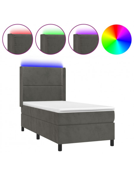 Letto a Molle con Materasso e LED Grigio Scuro 90x190cm Velluto