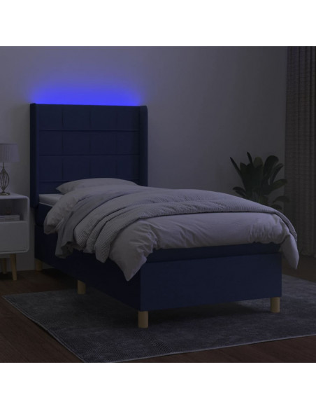 Letto a Molle con Materasso e LED Blu 90x200 cm in Tessuto