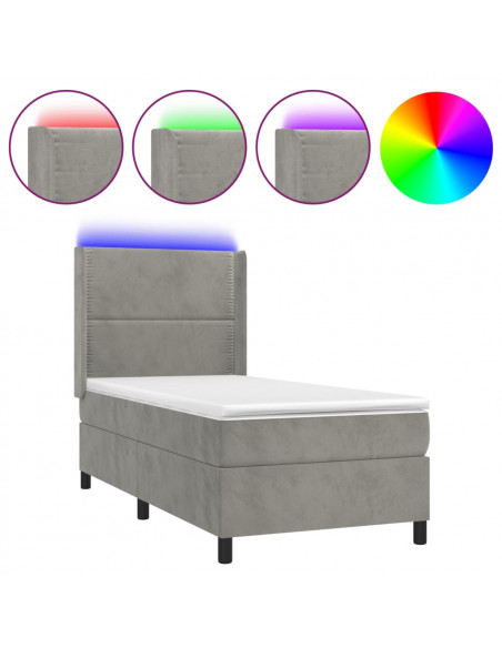 Letto a Molle Materasso e LED Grigio Chiaro 90x200 cm Velluto