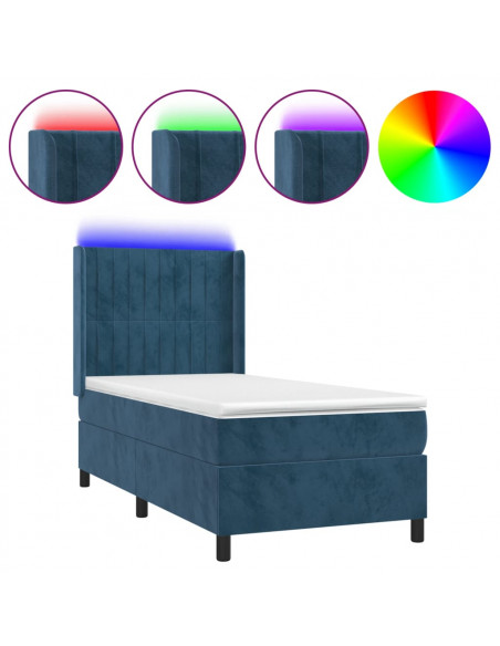 Letto a Molle con Materasso e LED Blu Scuro 90x200cm in Velluto