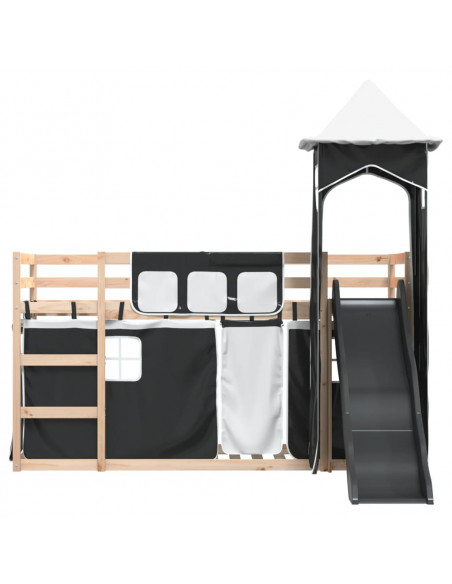Letto a Castello con Scivolo e Tende Bianco e Nero 90x200 cm