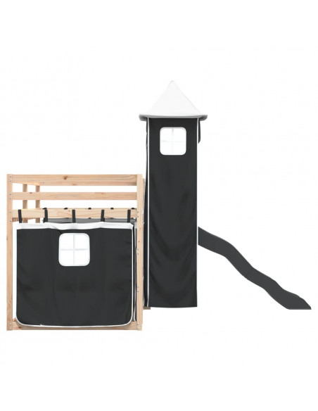 Letto a Castello con Scivolo e Tende Bianco e Nero 90x200 cm